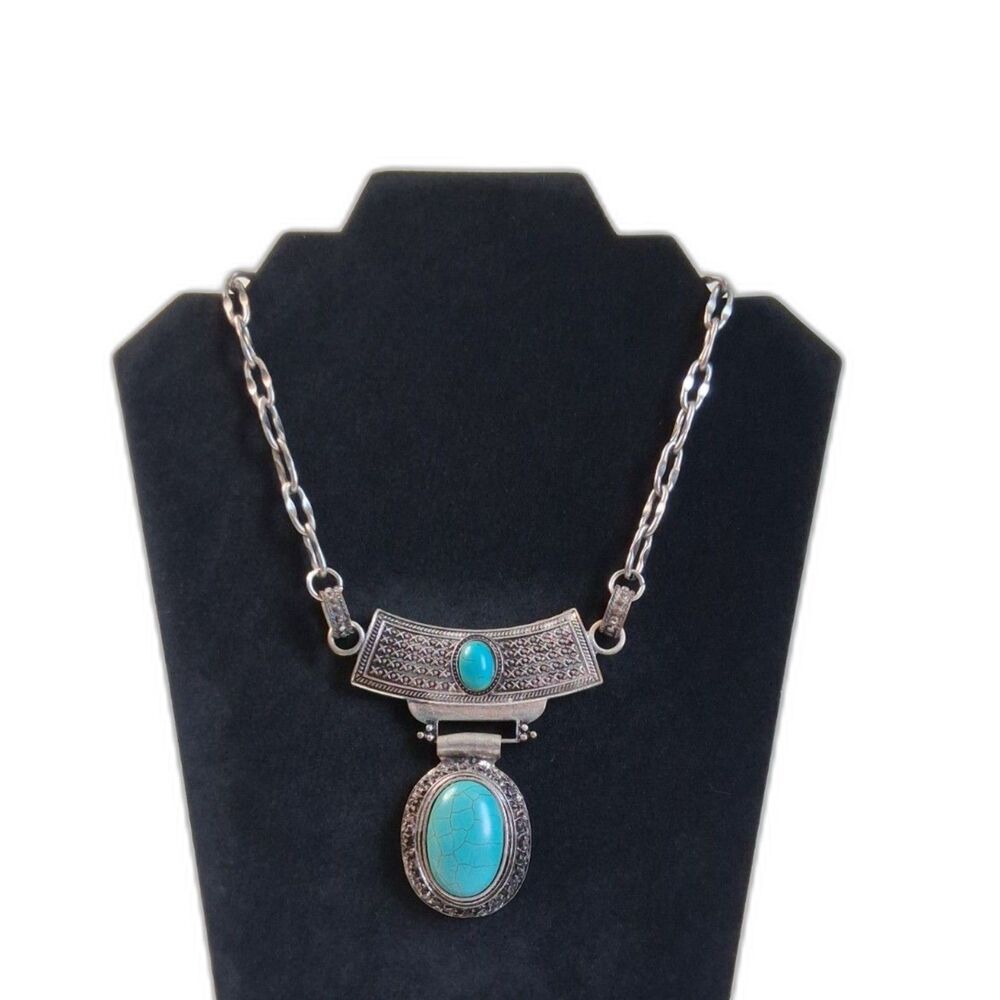 Paparazzi Dressed To Empress Silver Toned and Turquoise Blue Statement Necklace